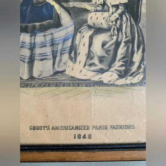 Godey Paris Fashion Print Wood Frame 7.5” x 6” Hook to Hang Godey’s Ladies VTG - Picture 8 of 10